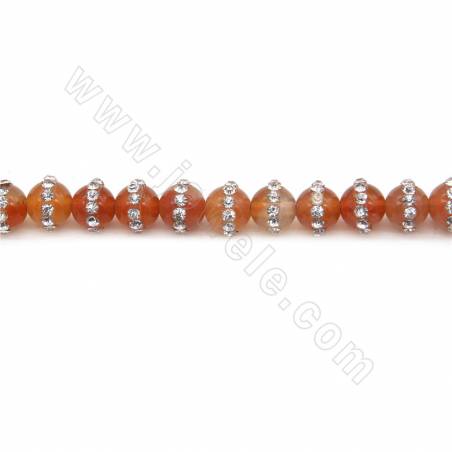 Perles Agate rouge avec strass ronde sur fil Taille 8mm trou 1mm 15~16"/fil