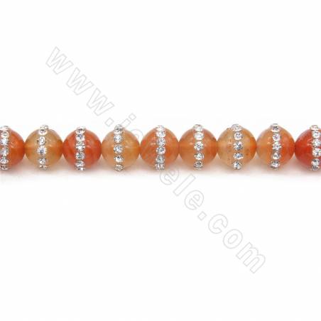Natural Red Agate Beads Strand With Rhinestone Round  Diameter 10mm Hole 1mm Length 39~40cm/Strand