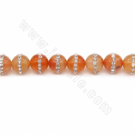 Natural Red Agate Beads Strand With Rhinestone Round  Diameter 12mm Hole 1.2mm Length 39~40cm/Strand