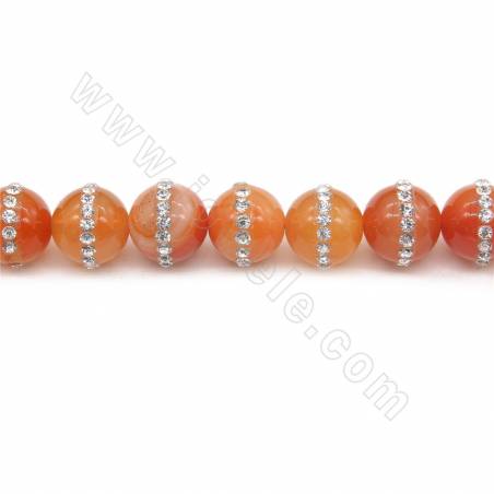 Perles Agate rouge avec strass ronde sur fil Taille 14mm trou 1.2mm 15~16"/fil