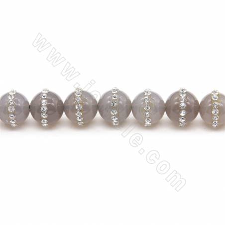 Natural Grey Agate Beads Strand With Rhinestone Round Diameter 10mm Hole 1mm Length 39~40cm/Strand