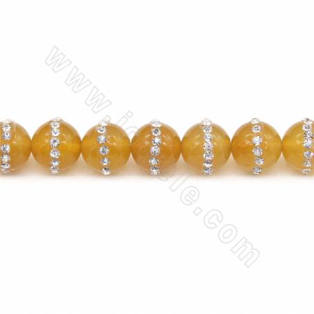 Natural Yellow Agate Beads Strand With Rhinestone Round Diameter 10mm Hole 1mm Length 39~40cm/Strand