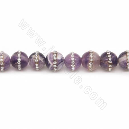 Perles Améthyste avec strass ronde sur fil Taille 12mm trou 1mm 15~16"/fil