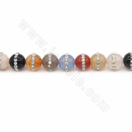 Heated Mix Color Agate Beads Strand With  Rhinestone Round Diameter 10mm Hole 1mm Length 39~40cm/Strand
