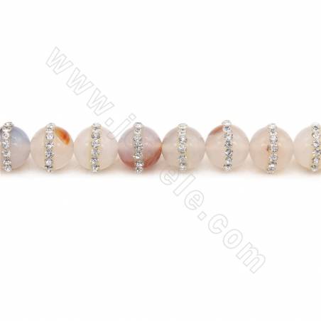 Natural Blossom Agate Beads Strand With Rhinestone Round Diameter 12mm Hole1.2mm Length 39~40cm/Strand