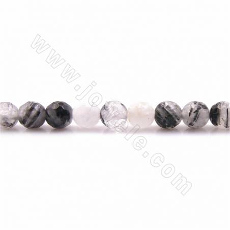 Fili di perle di quarzo rutilato nero naturale, rotondo sfaccettato, dimensioni 6 mm, foro 1mm, 15~16"/filo