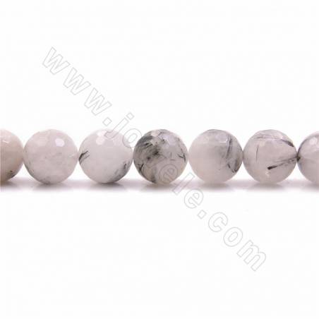 Fili di perle di quarzo rutilato nero naturale, rotondo sfaccettato, dimensioni 14mm, foro 1,2 mm, 15~16"/filo