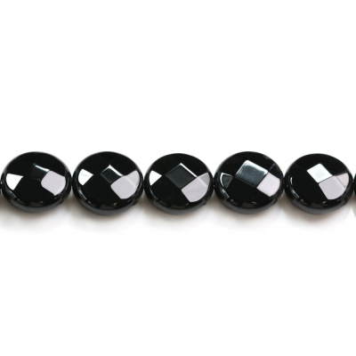 Natural Black Agate Beads Strand Faceted Flat Round 12mm Hole 1mm 33 Beads/Strand 39-40cm