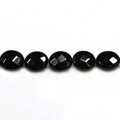 Fili di perline di agata nera naturale, tondo piatto sfaccettato, 16 mm, foro 1 mm, 25 perline per filo, 15~16"