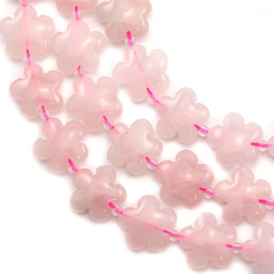 Miçangas de quartzo rosa em forma de trevo de 5 folhas. Tamanho: 15x15mm. Orificio: 1.5mm. 27pçs/fio. 15~16"