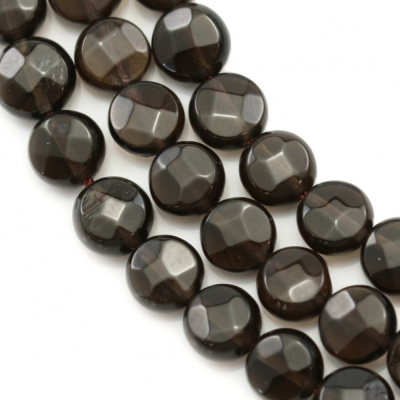 Natural Smoky Quartz Beads Strand Flat Round Faceted Diameter 10mm Thickness 4mm Hole 1mm Length 15 ~ 16 "/ strand