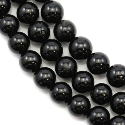 Miçangas de turmalina negra  redondas. Diâmetro: 12mm. Orificio: 1.5mm. 34pçs/fio. 15~16"