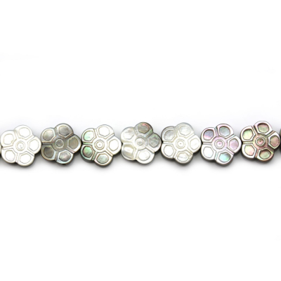 Perles de nacre grise en forme de fleur, Taille 18x18 mm, Trou 0.7mm, 22 perles/toron