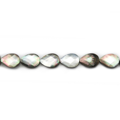 Filo di perle di conchiglia di madreperla grigia sfaccettata, a goccia, dimensioni 13x18 mm, foro 0,8 mm, circa 22 perle/filo, 1