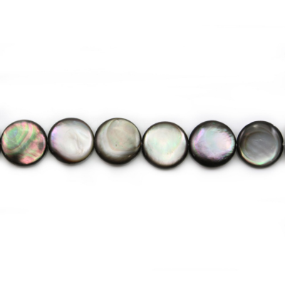 Madreperla grigia Fili di perle di conchiglia, rotondo piatto, diametro 15 mm, foro 0,8 mm, circa 25 perle/filo, 15~16"